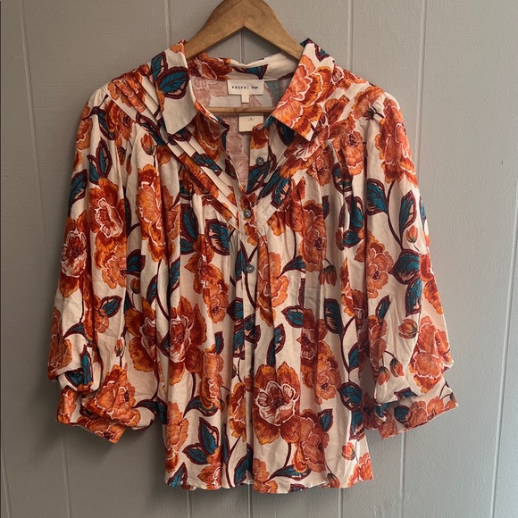 entro Tops - NWT Floral Entro Top Blouse Shirt Large Orange Blue